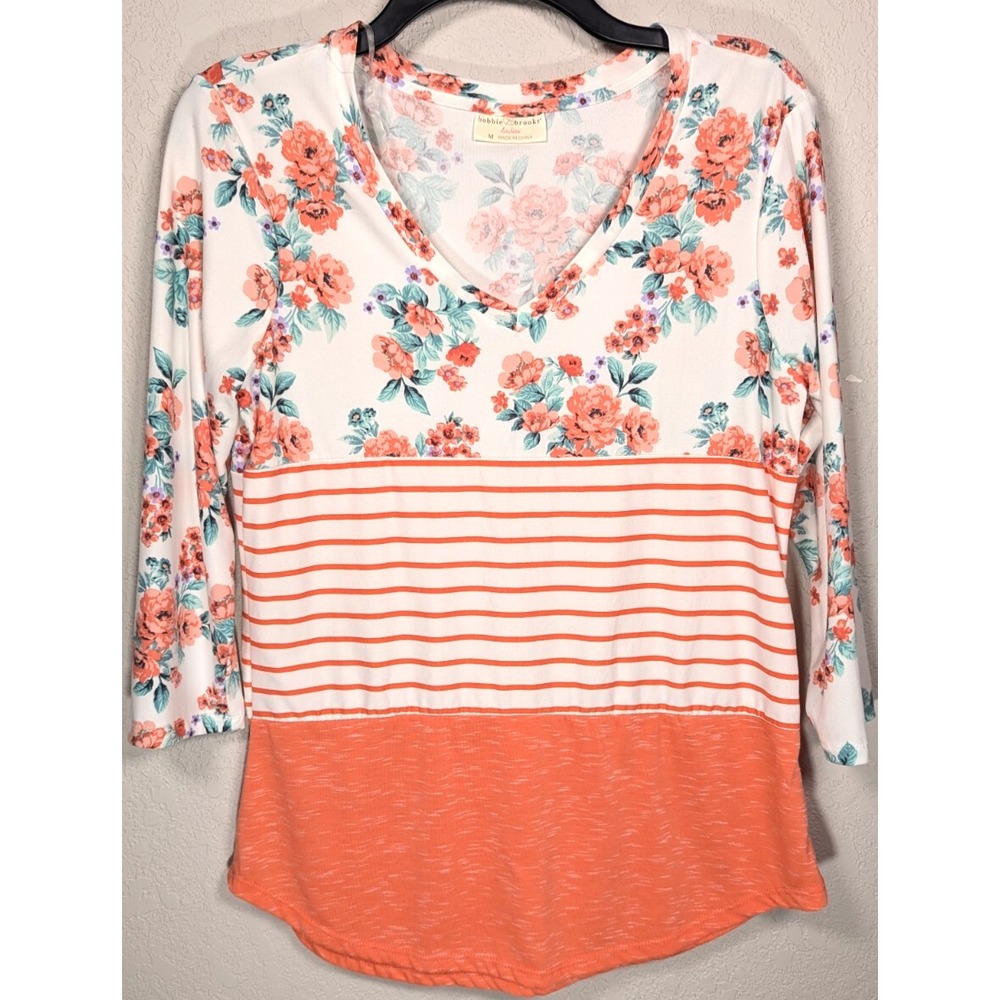 Bobbie Brooks Orange Floral Stripe V Neck Blouse Soft Size M 3/4 Sleeve‎